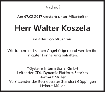Traueranzeige von Walter Koszela von Trauerportal Echo Online