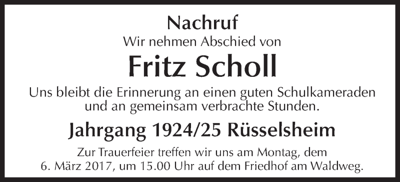  Traueranzeige für Fritz Scholl vom 01.03.2017 aus Trauerportal Rhein Main Presse