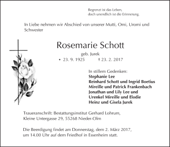 Traueranzeige von Rosemarie Schott von Trauerportal Rhein Main Presse