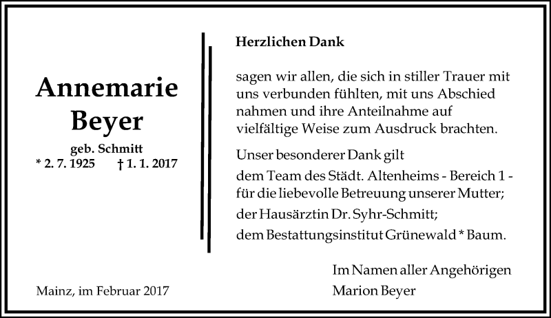  Traueranzeige für Annemarie Beyer vom 04.02.2017 aus Trauerportal Rhein Main Presse