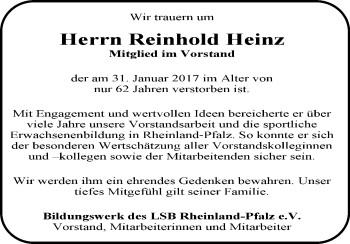 Traueranzeige von Reinhold Heinz von Trauerportal Rhein Main Presse