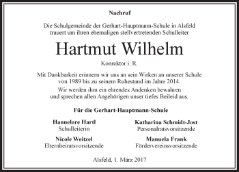 Traueranzeige von Hartmut Wilhelm von VRM Trauer