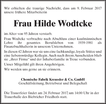 Traueranzeige von Hilde Wodtcke von Trauerportal Rhein Main Presse