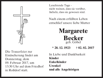 Traueranzeige von Margarete Becker von Trauerportal Echo Online