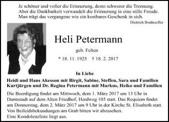 Traueranzeige von Heli Petermann von Trauerportal Echo Online
