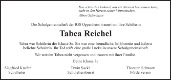 Traueranzeige von Tabea Reichel von Trauerportal Rhein Main Presse