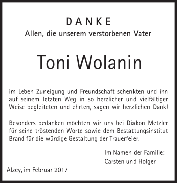 Traueranzeige von Toni Wolanin von Trauerportal Rhein Main Presse
