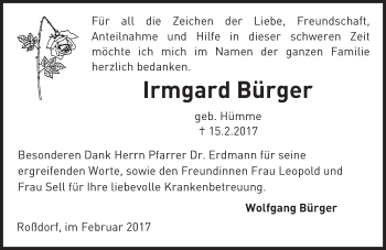 Traueranzeige von Irmgard Bürger von Trauerportal Echo Online
