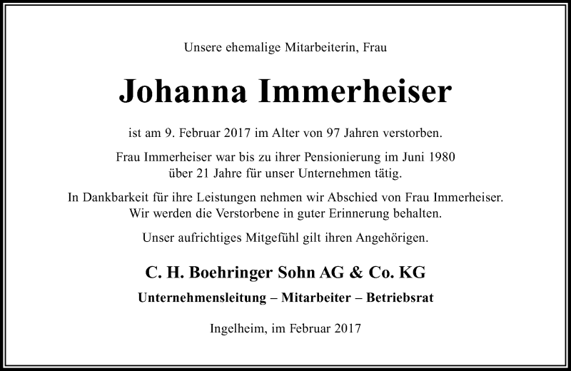  Traueranzeige für Johanna Immerheiser vom 16.02.2017 aus Trauerportal Rhein Main Presse