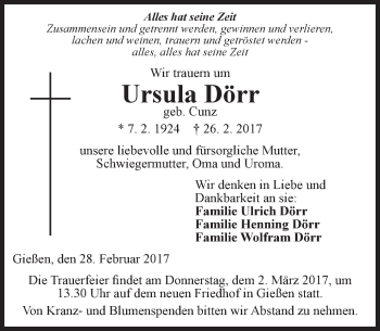 Traueranzeige von Ursula Dörr von  Gießener Anzeiger