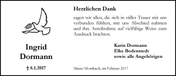 Traueranzeige von Ingrid Dormann von Trauerportal Rhein Main Presse