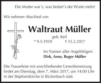 Traueranzeige von Waltraut Müller von Trauerportal Echo Online