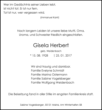 Traueranzeige von Gisela Herbert von Trauerportal Rhein Main Presse
