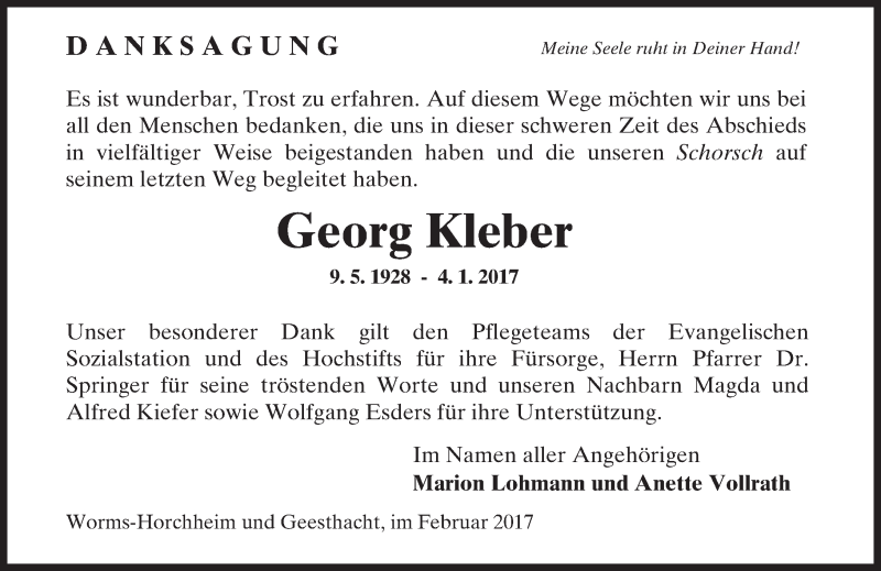  Traueranzeige für Georg Kleber vom 09.02.2017 aus Trauerportal Rhein Main Presse