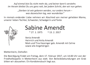 Traueranzeige von Sabine Amendt von Trauerportal Rhein Main Presse