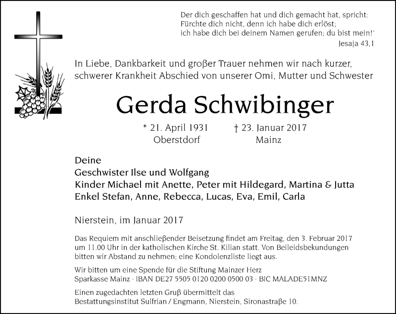  Traueranzeige für Gerda Schwibinger vom 01.02.2017 aus Trauerportal Rhein Main Presse