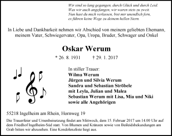 Traueranzeige von Oskar Werum von Trauerportal Rhein Main Presse