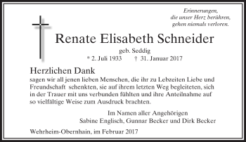 Traueranzeige von Renate Elisabeth Schneider von  Usinger Anzeiger