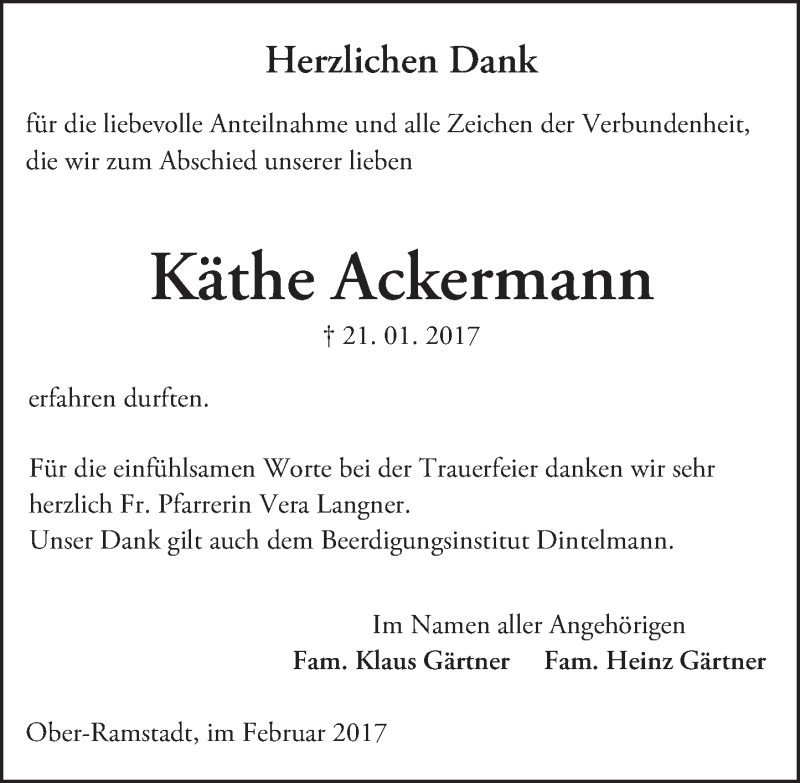  Traueranzeige für Käthe Ackermann vom 18.02.2017 aus Trauerportal Echo Online