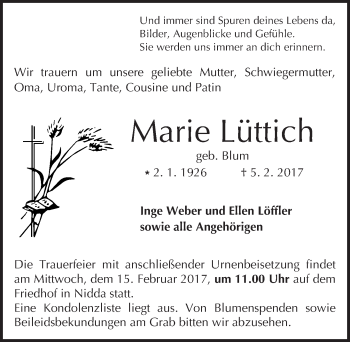 Traueranzeige von Marie Lüttich von  Kreisanzeiger
