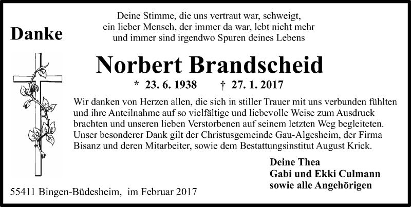  Traueranzeige für Norbert Brandscheid vom 25.02.2017 aus Trauerportal Rhein Main Presse
