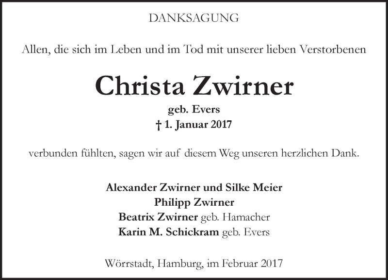  Traueranzeige für Christa Zwirner vom 11.02.2017 aus Trauerportal Rhein Main Presse
