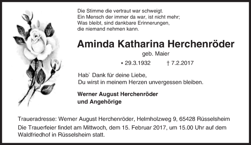  Traueranzeige für Aminda Katharina Herchenröder vom 11.02.2017 aus Trauerportal Rhein Main Presse