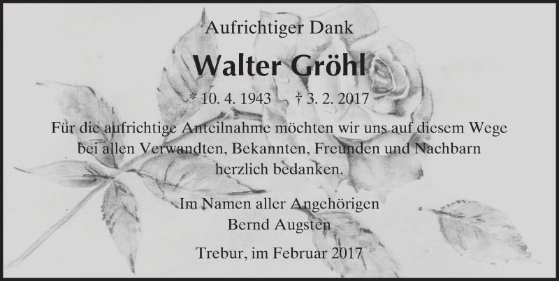  Traueranzeige für Walter Gröhl vom 27.02.2017 aus Trauerportal Echo Online