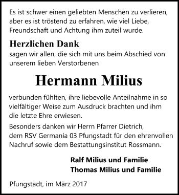 Traueranzeige von Hermann Milius von Trauerportal Echo Online