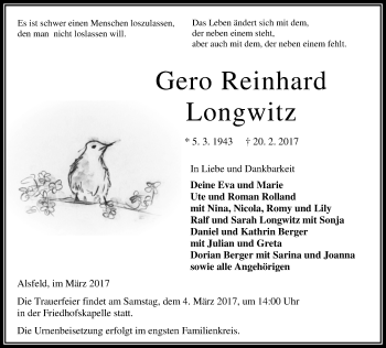 Traueranzeige von Gero Reinhard Longwitz von VRM Trauer