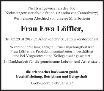 Traueranzeige von Ewa Löffler von Trauerportal Echo Online