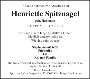 Traueranzeige von Henriette Spitznagel von  Kreisanzeiger