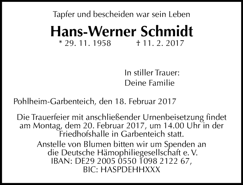  Traueranzeige für Hans-Werner Schmidt vom 18.02.2017 aus  Gießener Anzeiger