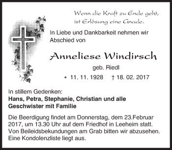 Traueranzeige von Anneliese Windirsch von Trauerportal Echo Online