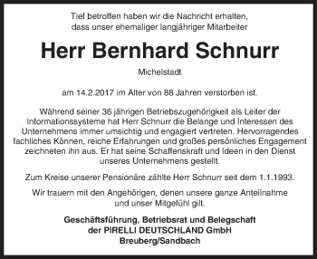 Traueranzeige von Bernhard Schnurr von Trauerportal Echo Online