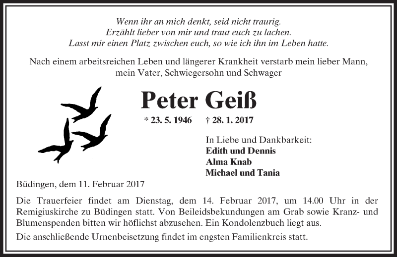  Traueranzeige für Peter Geiß vom 11.02.2017 aus  Kreisanzeiger