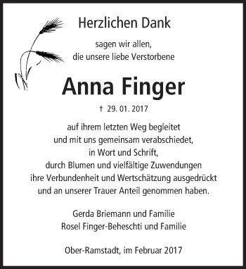 Traueranzeige von Anna Finger von Trauerportal Echo Online