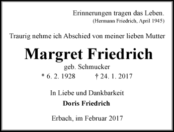 Traueranzeige von Margarete Friedrich von Trauerportal Echo Online