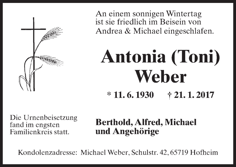  Traueranzeige für Antonia Weber vom 10.02.2017 aus Trauerportal Rhein Main Presse