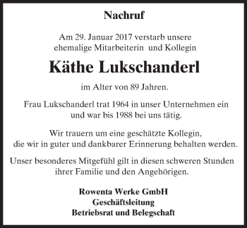 Traueranzeige von Käthe Lukschanderl von Trauerportal Echo Online