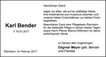 Traueranzeige von Karl Bender von Trauerportal Echo Online