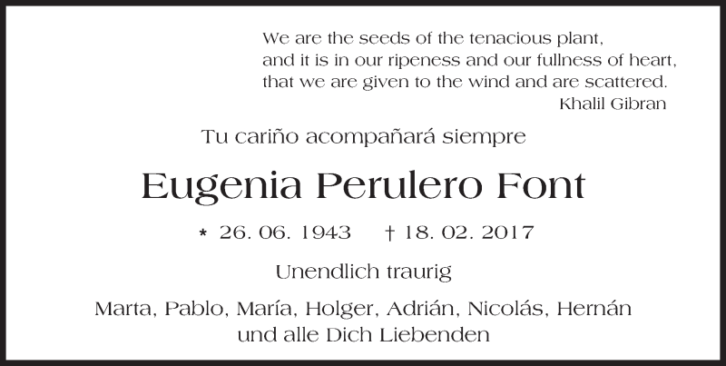 Traueranzeige für Eugenia Perulero Font vom 25.02.2017 aus Trauerportal Echo Online