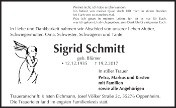 Traueranzeige von Sigrid Schmitt von Trauerportal Rhein Main Presse