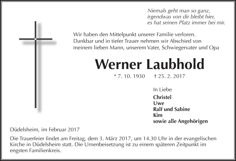  Traueranzeige für Werner Laubhold vom 01.03.2017 aus  Kreisanzeiger