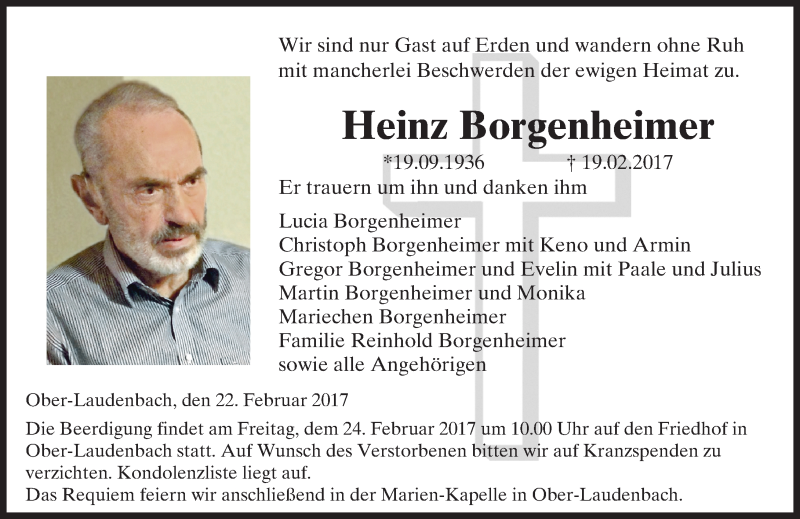  Traueranzeige für Heinz Borgenheimer vom 22.02.2017 aus Trauerportal Echo Online
