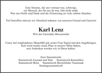 Traueranzeige von Karl Lenz von  Usinger Anzeiger
