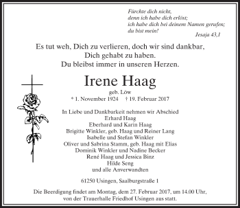 Traueranzeige von Irene Haag von  Usinger Anzeiger