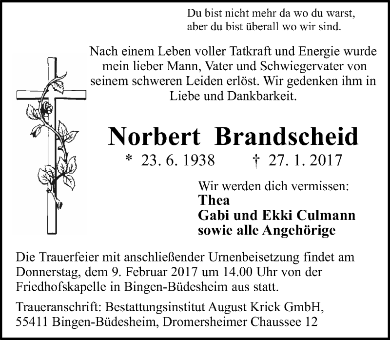  Traueranzeige für Norbert Brandscheid vom 01.02.2017 aus Trauerportal Rhein Main Presse