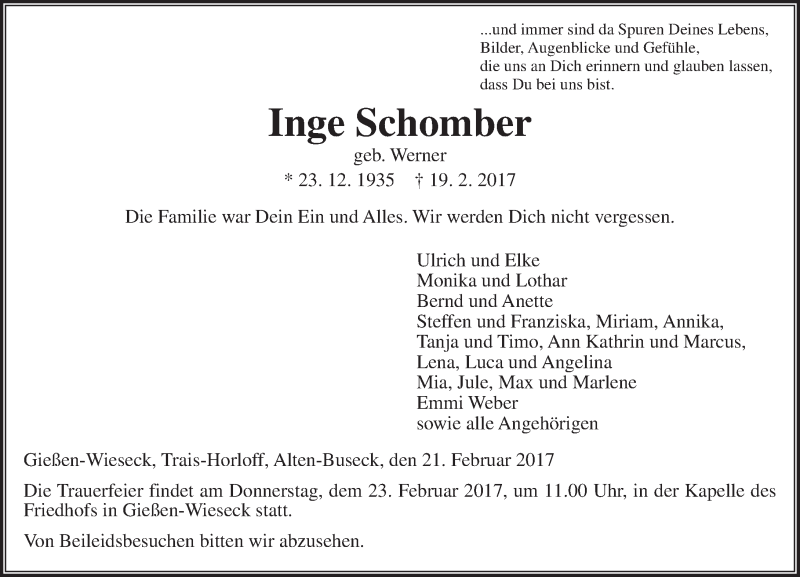  Traueranzeige für Inge Schomber vom 21.02.2017 aus  Gießener Anzeiger