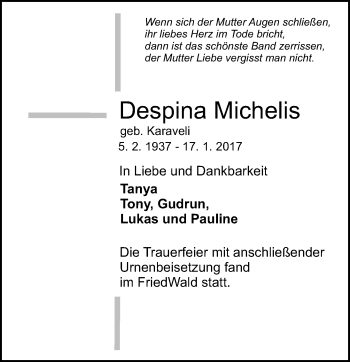 Traueranzeige von Despina Michelis von VRM Trauer